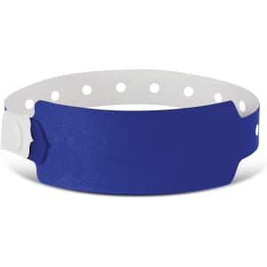 A blue plastic event wristband with a white adjustable section and circular cutouts for fastening.
