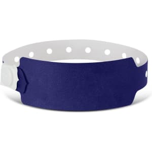 A purple plastic event wristband with a white adjustable clasp and multiple holes for sizing.