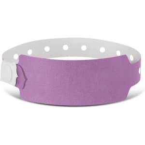 A plastic event wristband in a lavender color with a white adjustable fastening and perforated design for secure wear.