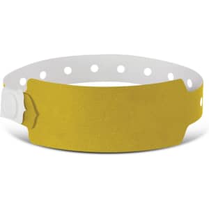A yellow plastic event wristband with a secure fastening system and multiple holes for size adjustments.