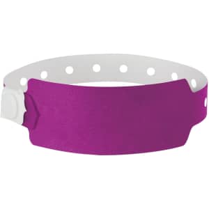 A purple plastic event wristband with a white section and circular cut-outs, designed for use at events.