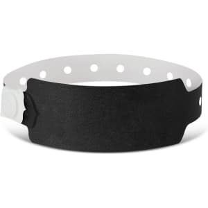 A plastic event wristband in black, featuring a customizable area and a secure closure with multiple sizing holes.