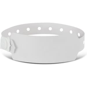 A white plastic event wristband featuring a smooth surface and adjustable holes for sizing.