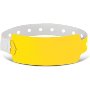 A plastic event wristband in bright yellow, featuring a tab closure and several holes for adjustable fitting.