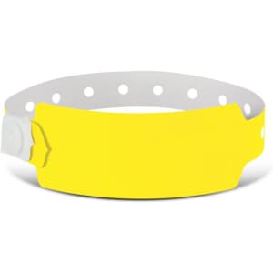 A yellow plastic event wristband with a secure fastening mechanism, featuring a smooth surface for customization.