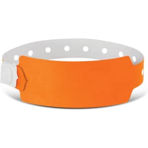 An orange plastic event wristband with a white dotted strap and a clasp, featuring a smooth surface and a logo.