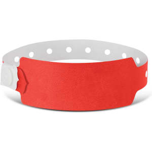 A plastic event wristband in vibrant red color with a secure snap closure and perforated design for adjustability.