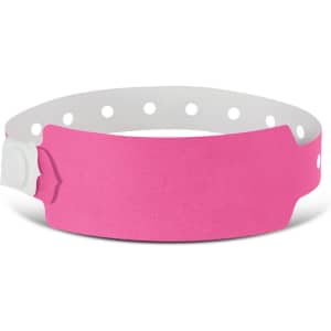 A bright pink plastic event wristband featuring a secure adjustable clasp and perforated design for comfort.