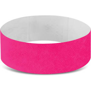 A pink Tyvek event wristband with a smooth surface and an inner lining, featuring branding.