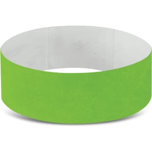 A green Tyvek event wristband designed for exhibitions and events, featuring a textured surface and an adhesive closure.