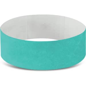 A turquoise Tyvek event wristband with a textured appearance and a plain interior. Features a logo or branding element.