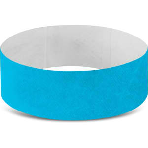 A turquoise Tyvek event wristband with a smooth finish, featuring a logo on the inside.
