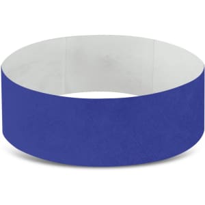 A blue Tyvek event wristband, designed for use at exhibitions and events.