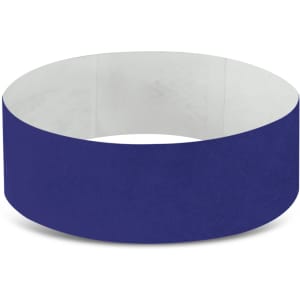 A blue Tyvek event wristband with a smooth, matte finish and a subtle pattern on the inner side.