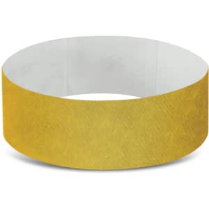 A yellow Tyvek event wristband with a textured finish, featuring a simple design and no visible logos.
