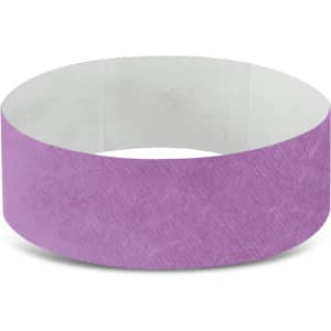 A purple Tyvek event wristband, featuring a smooth texture and a flexible design. It has a simple logo visible.