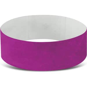 A purple Tyvek event wristband with a plain design and a logo visible on its surface.
