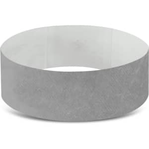 A grey Tyvek event wristband, showcasing a smooth texture with an underlying pattern, featuring a logo.