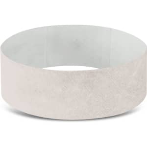 A white Tyvek event wristband with a textured appearance, featuring a smooth interior. It has a logo on it.
