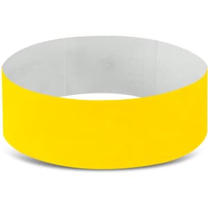 A yellow Tyvek event wristband with a smooth texture, designed for exhibitions and events.