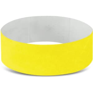 A bright yellow Tyvek event wristband with a smooth texture and a white inner surface, featuring a logo.