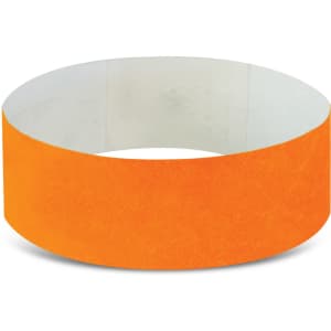 An orange Tyvek Event Wrist Band, designed for exhibitions and events, displayed flat.