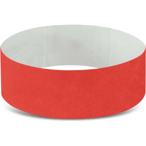 A Tyvek Event Wrist Band in a vibrant red color, designed for use in exhibitions and events.