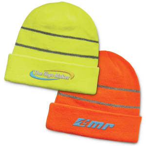A pair of beanies in high-visibility yellow and orange, each featuring a logo. Both have reflective stripes.