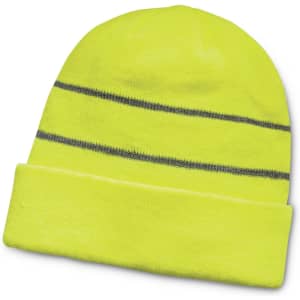 A bright yellow beanie with two reflective grey stripes and a folded cuff, featuring a logo.