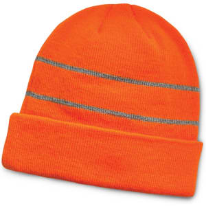 An orange beanie featuring reflective stripes and a folded cuff, designed for high visibility.