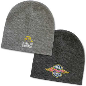 A grey and dark grey knit beanie with logos on the front. Both are simple and stylish headwear options.