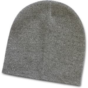 A gray knit beanie with a soft texture, featuring a heather finish.