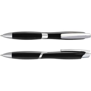 A pair of plastic pens in black with silver accents, featuring a sleek design and a logo.