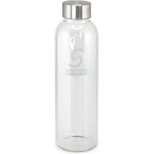 A drink bottle made of clear glass with a silver stainless-steel lid and a logo on the front.
