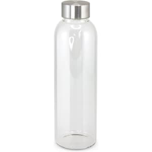 A drink bottle made of clear glass with a stainless steel lid, featuring a sleek, modern design.