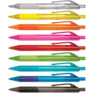 A collection of plastic pens in various colours, featuring a logo and a range of shades from clear to vibrant tones.