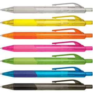 A set of plastic pens in various colours including clear, yellow, orange, pink, blue, and black, featuring clips and branding.