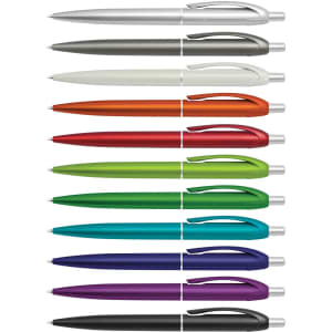 A collection of plastic pens in various colours, including silver, grey, white, orange, green, teal, and purple.