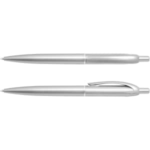 A silver plastic pen set featuring a streamlined design and a clip on one of the pens, with a logo present.