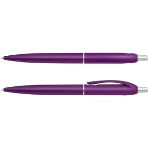 A purple plastic pen with a smooth body and silver accents, featuring a cap and a retractable mechanism.