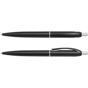 A set of black plastic pens featuring a sleek design with a silver accent. One pen has a clip.