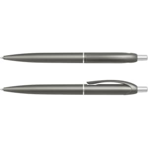 A grey plastic pen with a sleek design, featuring a clip and silver detailing, along with a matching pen without a clip.