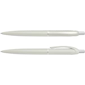 A light green plastic pen with a silver clip and tip, featuring a simple, sleek design.