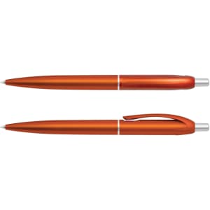 An orange plastic pen with a sleek design, featuring a silver clip and tip, and a branding logo.