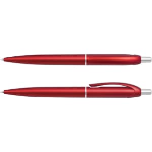 A red plastic pen with a sleek design, featuring a shiny finish and a silver clip, with a visible logo.