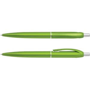 A green plastic pen with a sleek design, featuring a clip and a shiny silver tip. It has a simple branding logo.