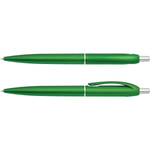 A green plastic pen displayed from two angles, featuring a sleek design and a silver clip.