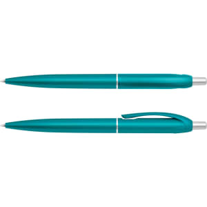 A teal plastic pen with a sleek design, featuring a silver clip and accents, displayed from different angles.