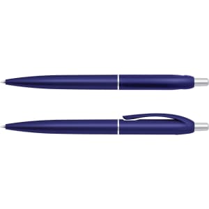 A blue plastic pen with a sleek design, featuring a clip and a silver tip, displayed in two positions.