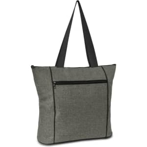 Avenue Elite Tote Bag in grey fabric with black straps and a front zip pocket. Features a logo.